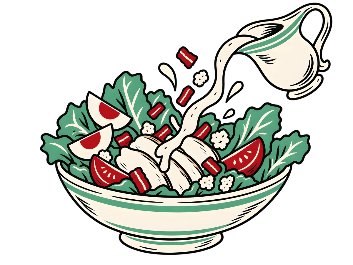 Illustrated salad with dressing being poured