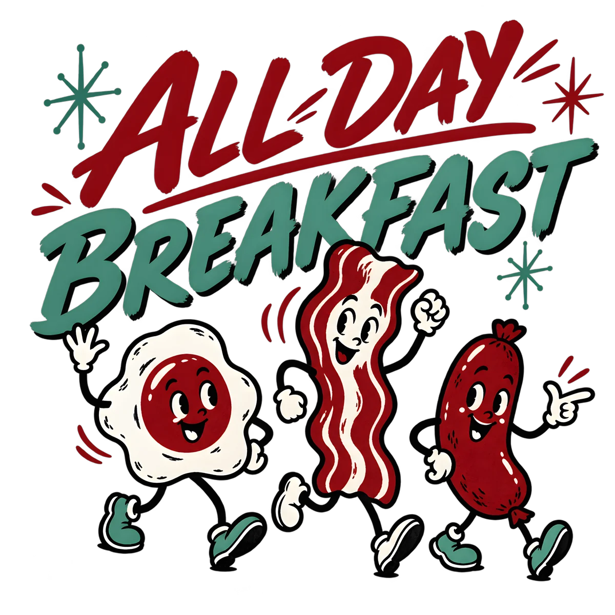 Illustrated All-Day Breakfast with egg, bacon and sausage characters