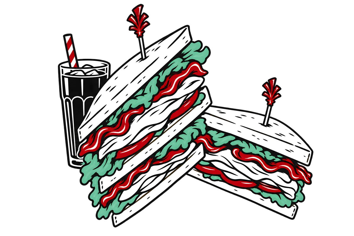 Illustrated club sandwiches with a fountain drink