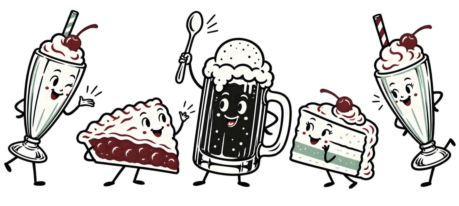 Illustrated milkshakes, pie, root beer float and cake