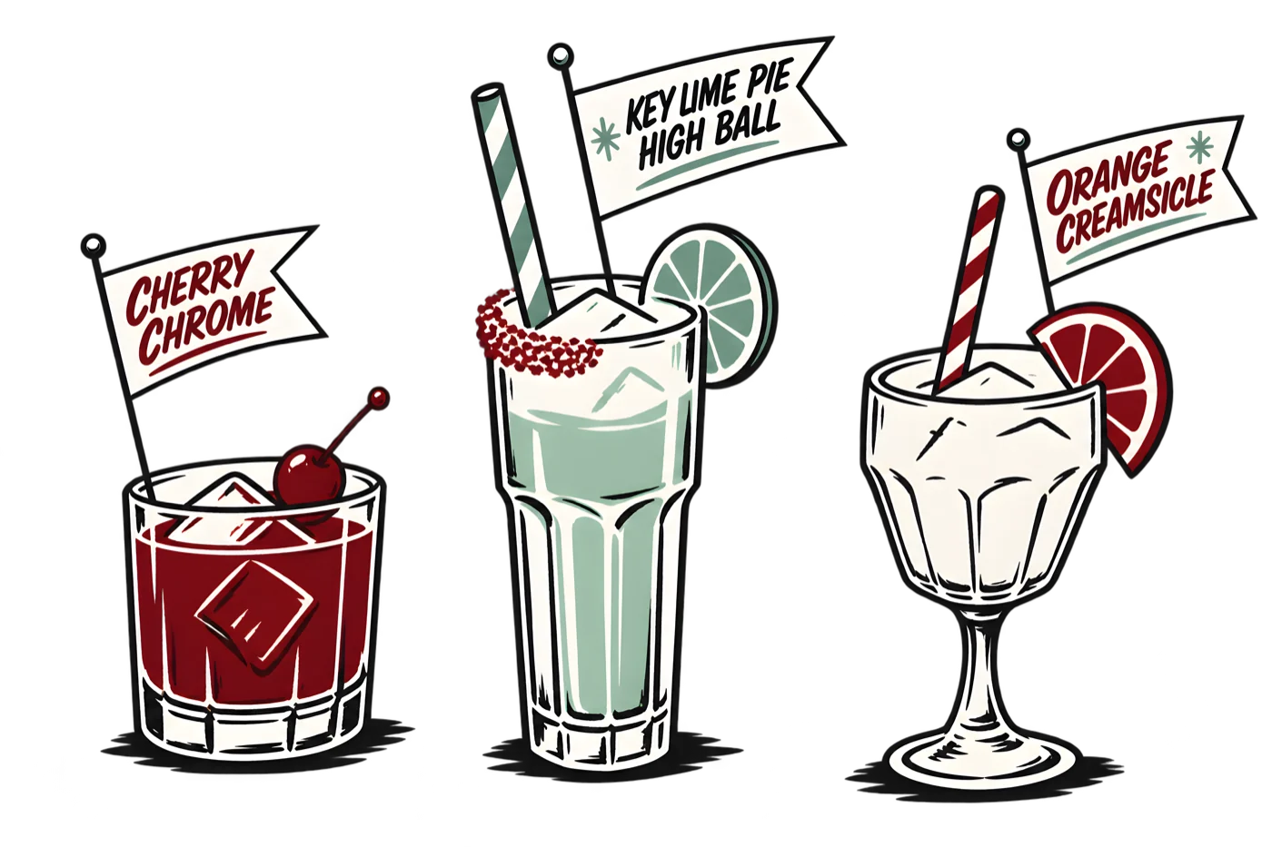 Illustrated cherry, key lime and orange cocktails