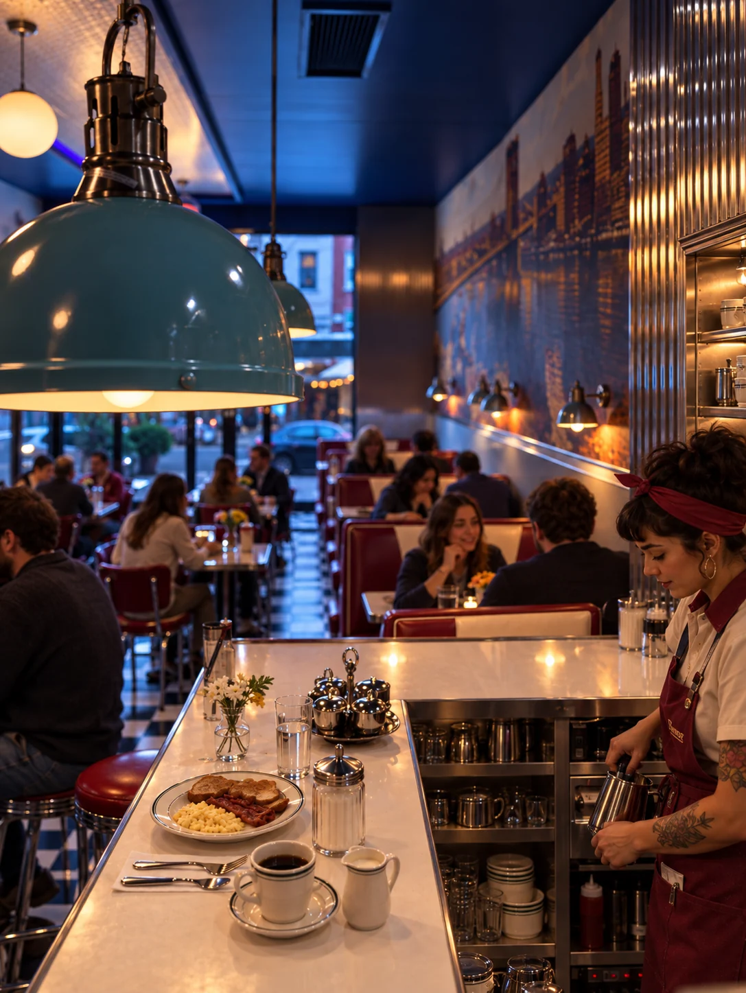 Breakfast and coffee on the diner counter, with a server, red booths, and teal pendant lights