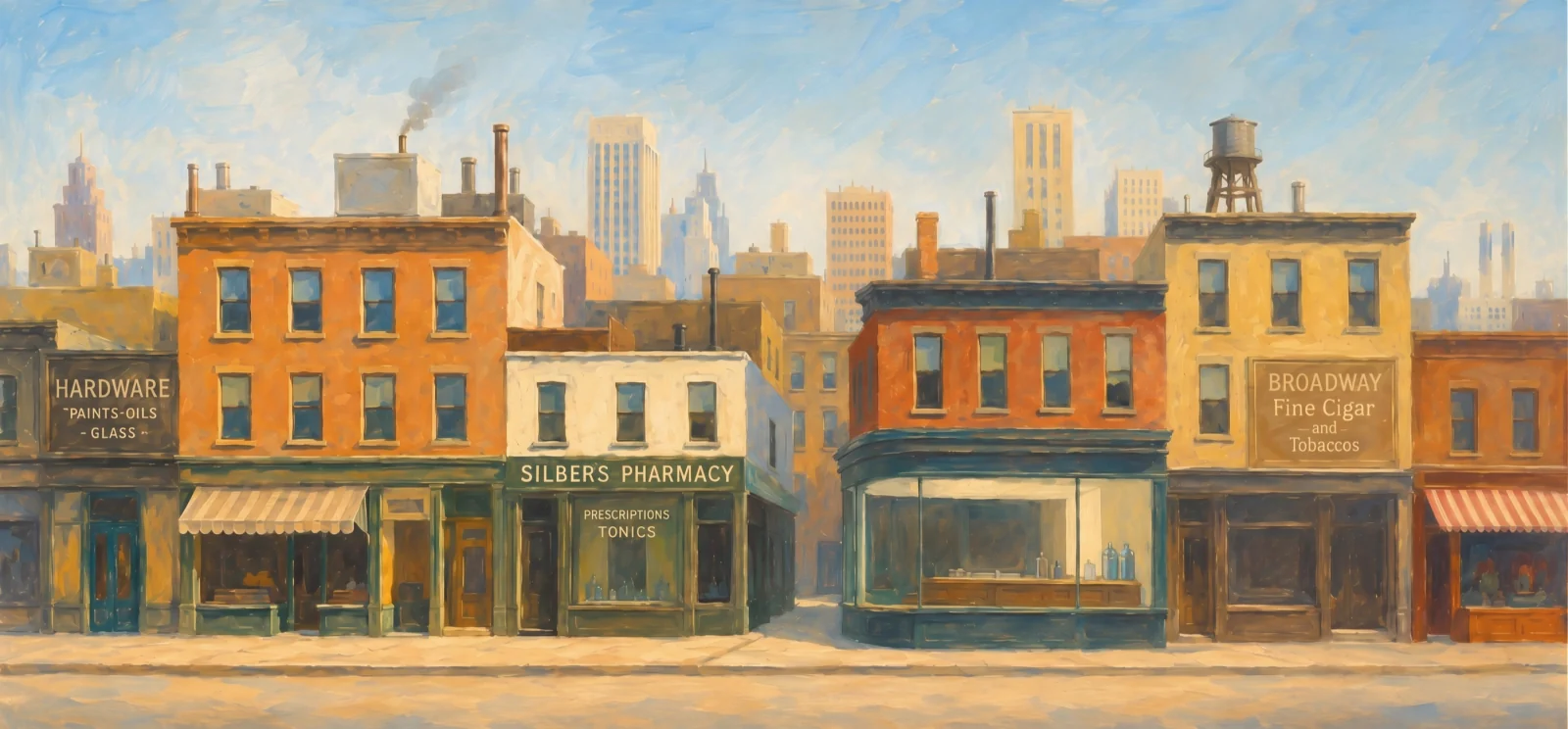 Painted streetscape of historic Williamsburg storefronts and rooftops