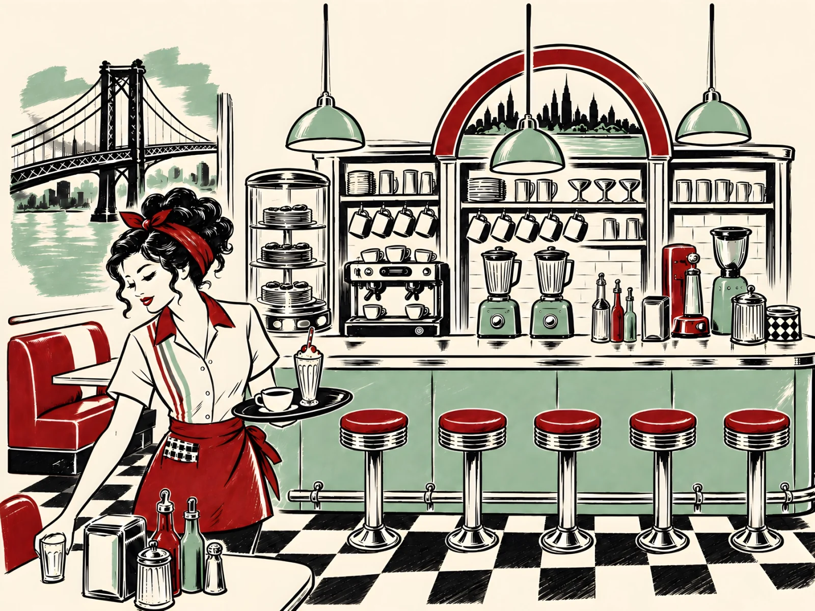 Illustrated Williamsburg Diner server, counter and booths