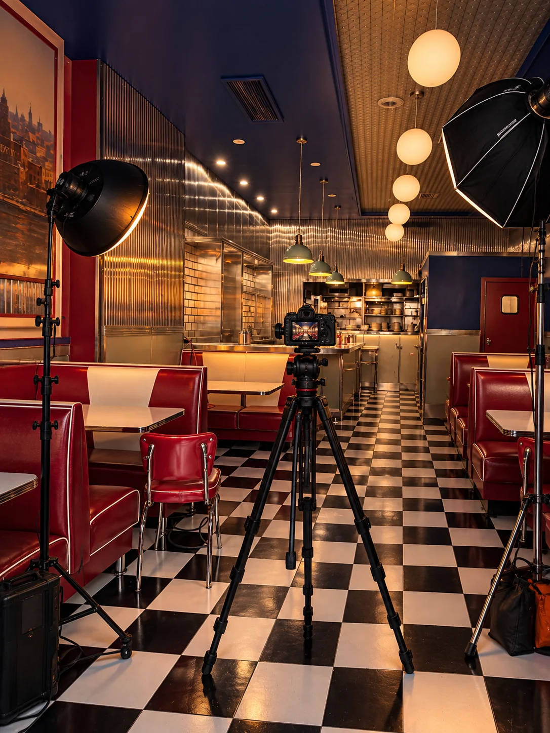 Professional camera and cinematic lighting set up inside Williamsburg Diner