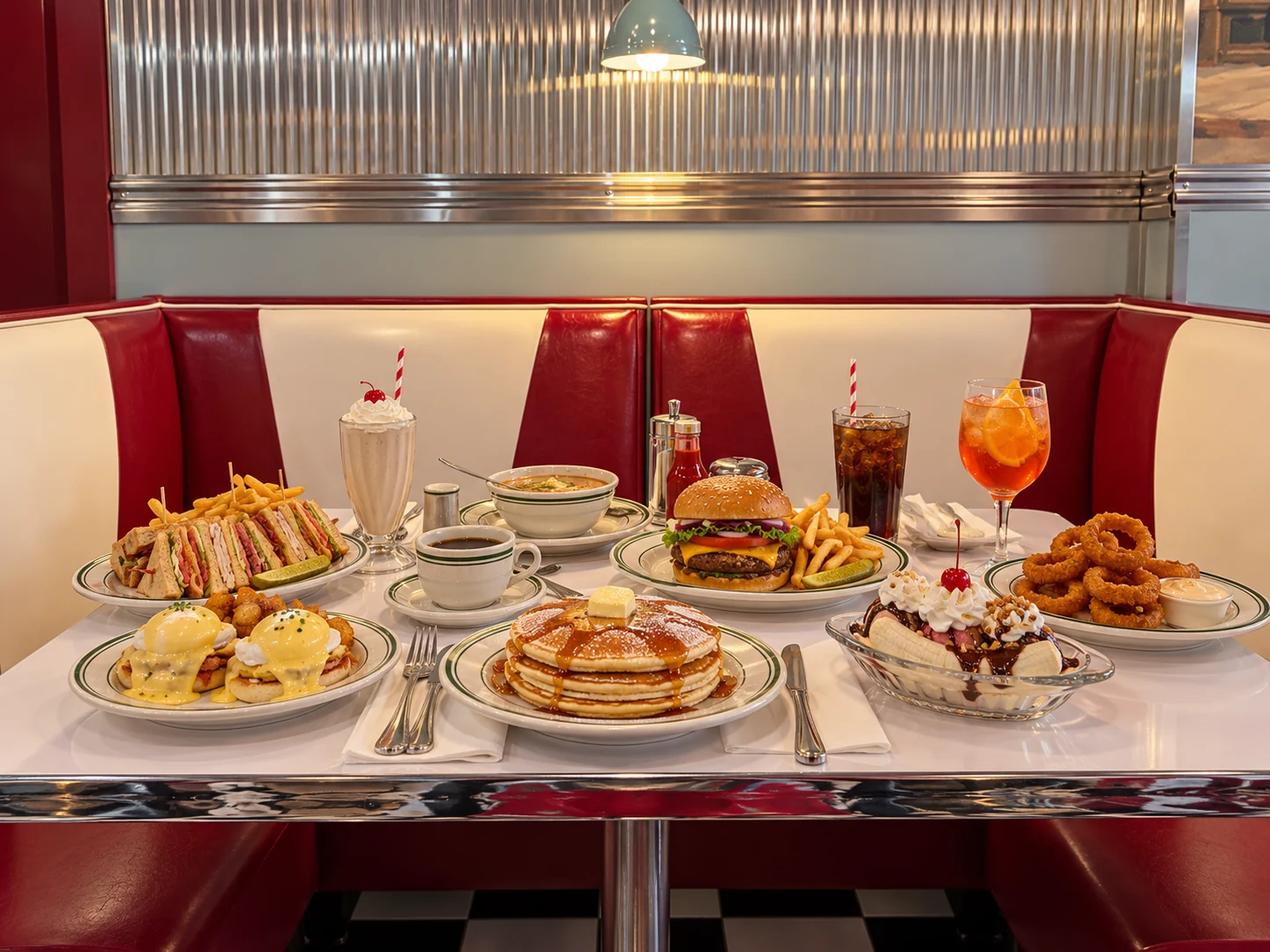 A table filled with classic Williamsburg Diner dishes and drinks