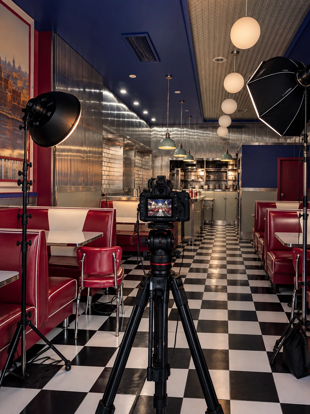A professional camera and studio lighting set up inside Williamsburg Diner
