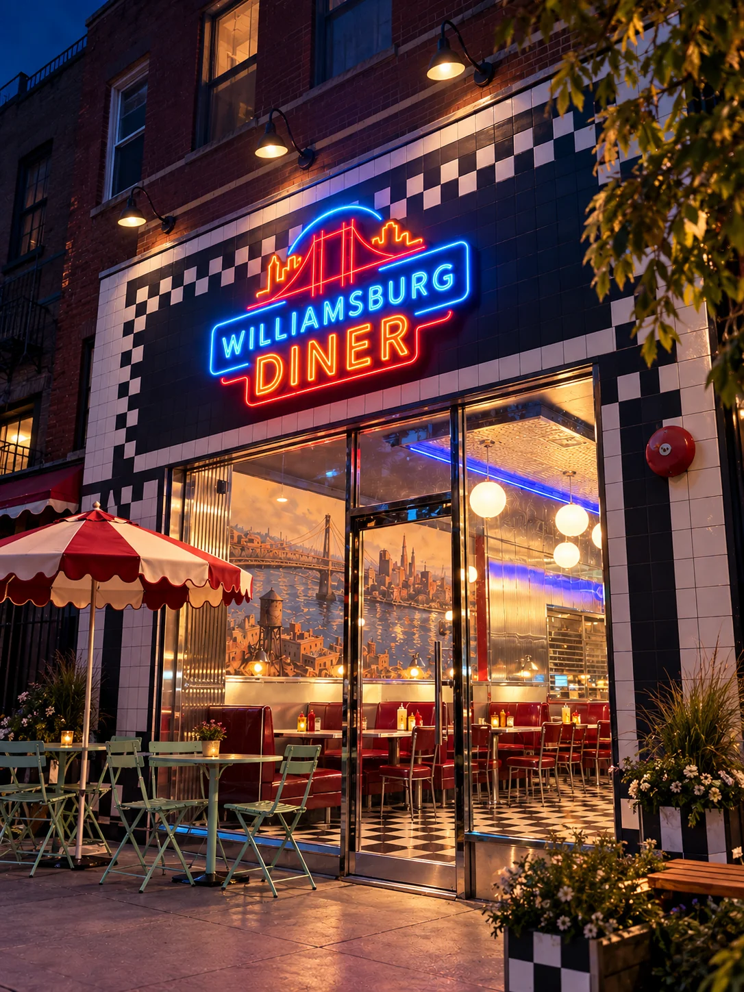 Williamsburg Diner exterior illuminated at night