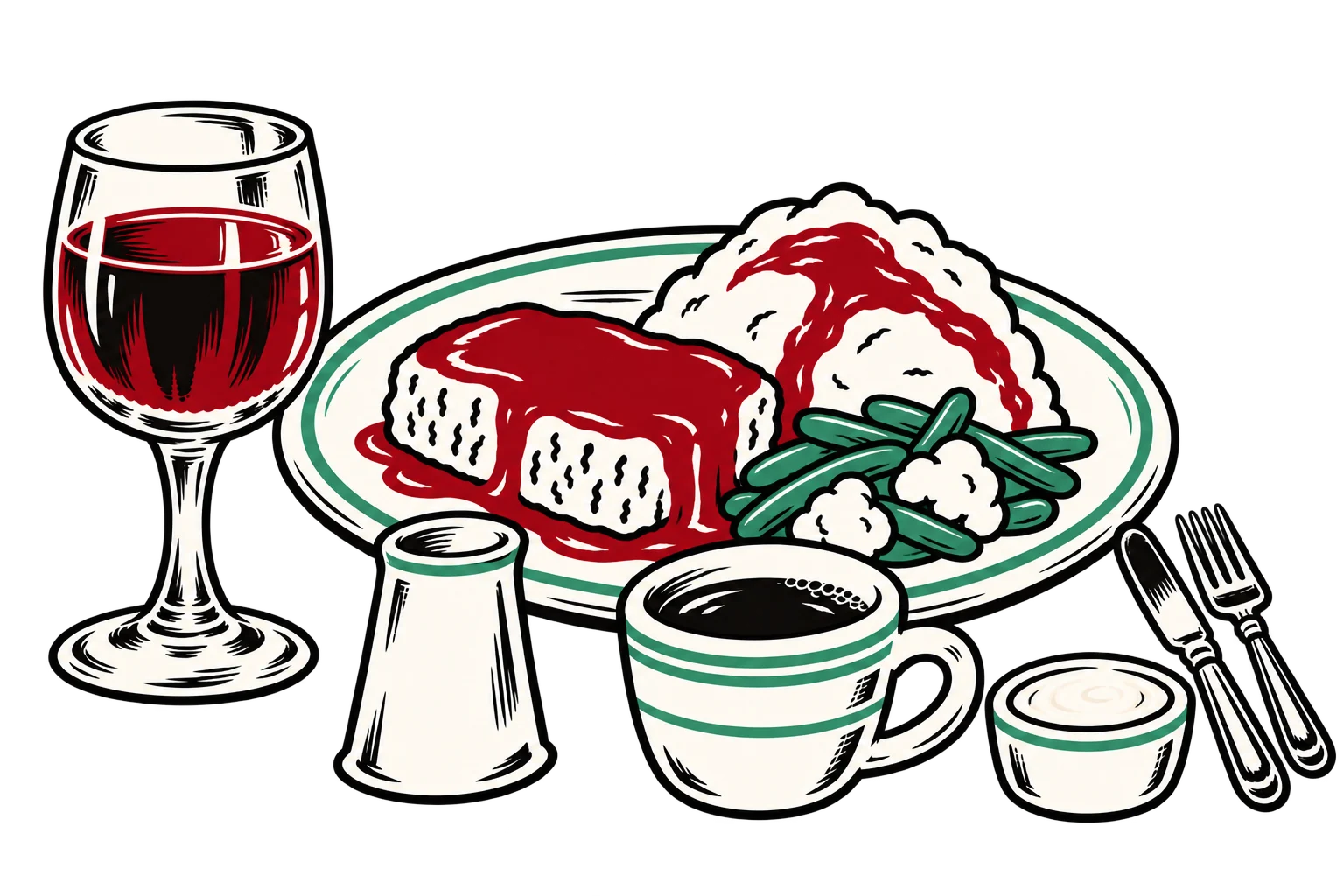 Illustrated meatloaf dinner with mashed potatoes, vegetables, coffee, and red wine