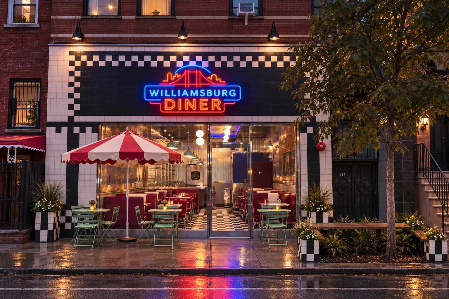 Williamsburg Diner glowing at night after rain