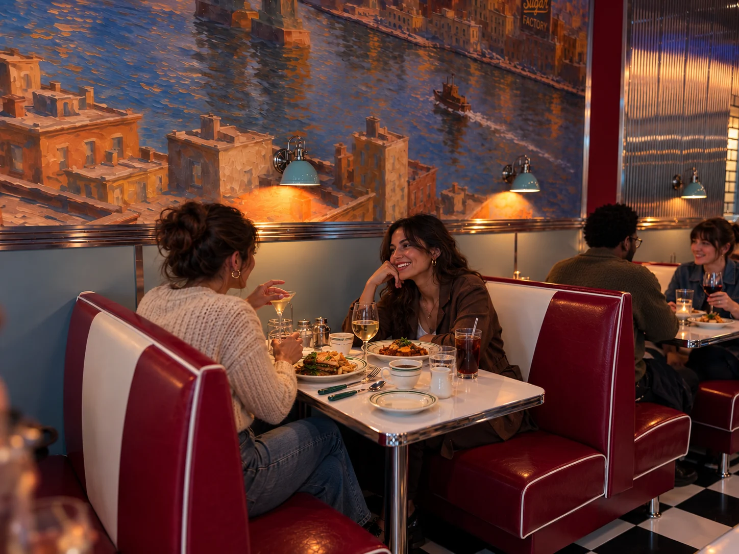 Two women dining in a booth beneath the Williamsburg waterfront mural