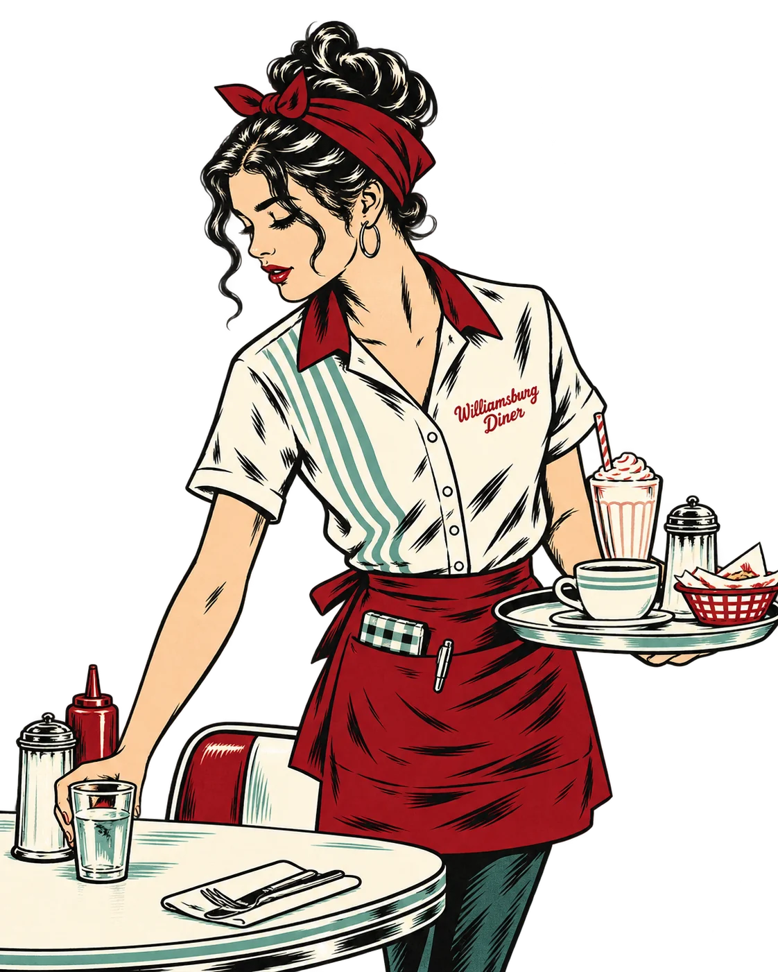 Illustrated Williamsburg Diner waitress serving coffee and a milkshake