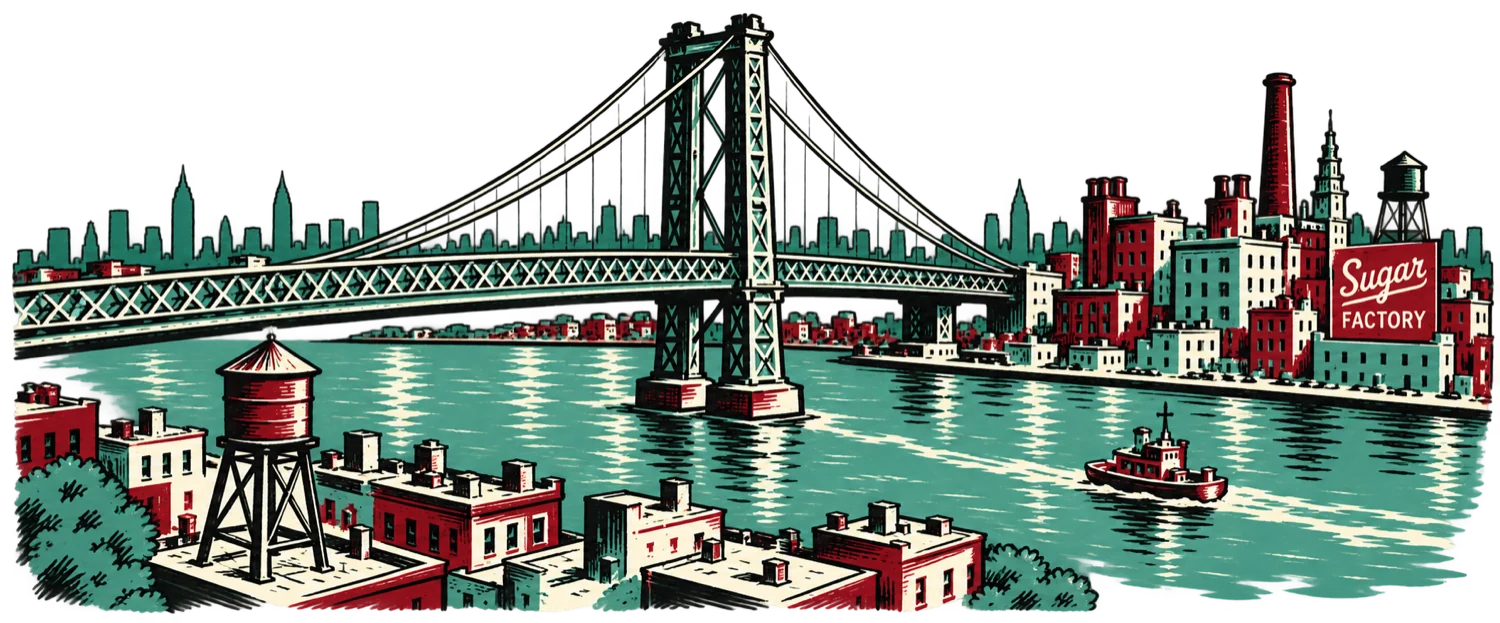 Hand-drawn Williamsburg Bridge, waterfront, and Domino Sugar Factory skyline
