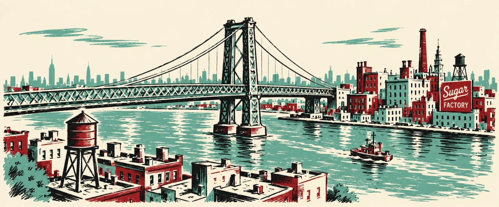 Hand-drawn Williamsburg Bridge, Domino Sugar Factory, waterfront, and Brooklyn skyline