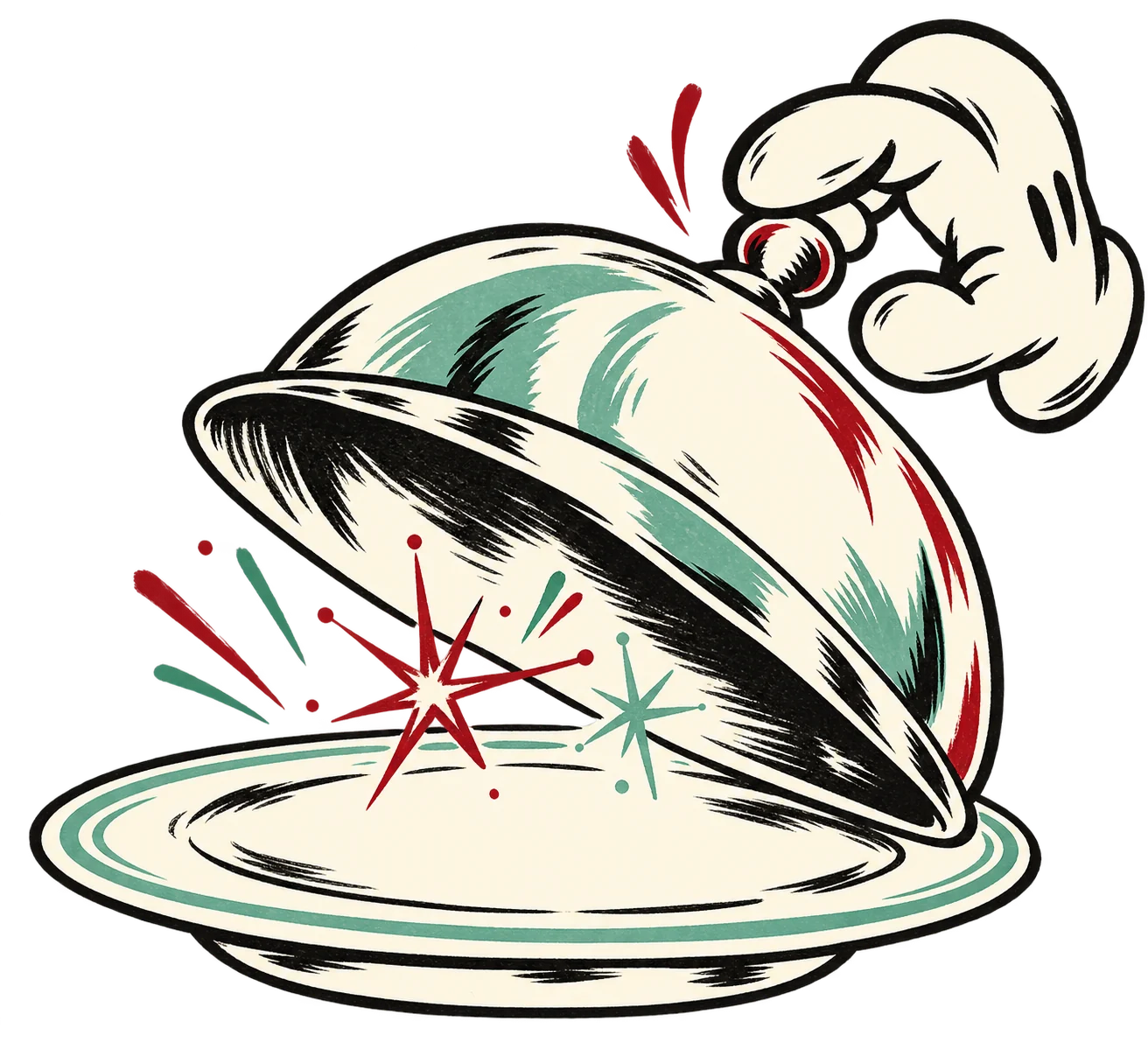 Illustrated silver serving cloche being lifted from a plate
