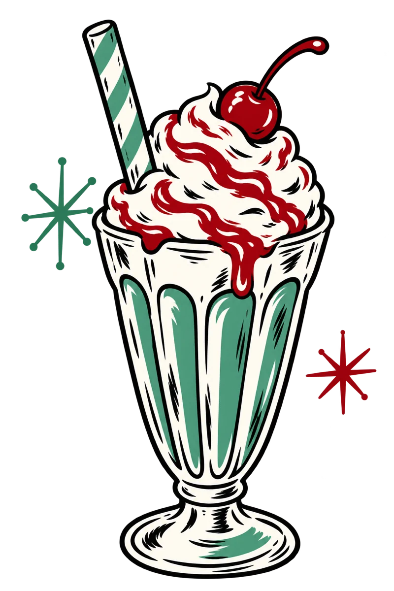 Illustrated mint milkshake with whipped cream and a cherry